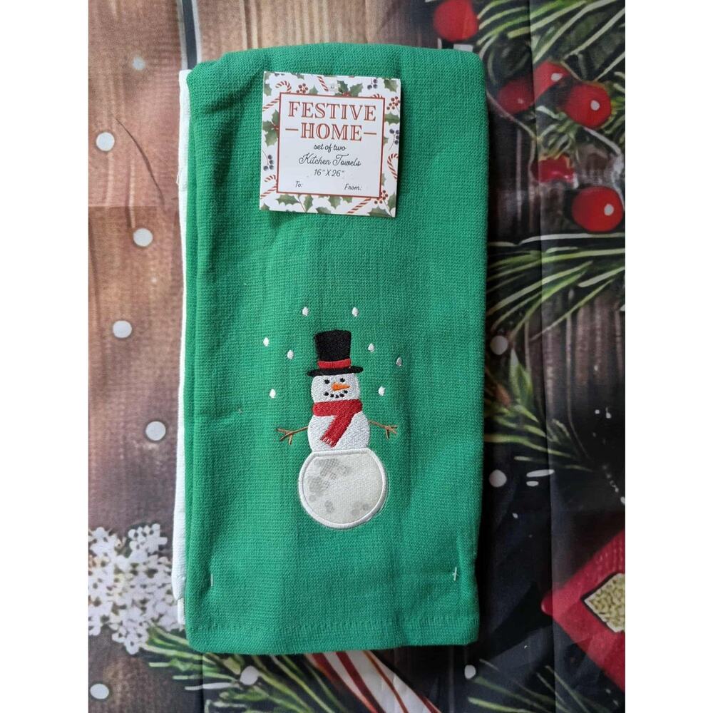 Festive Home Snowman Christmas Kitchen Towels Set of 2 Green & Red White Holiday